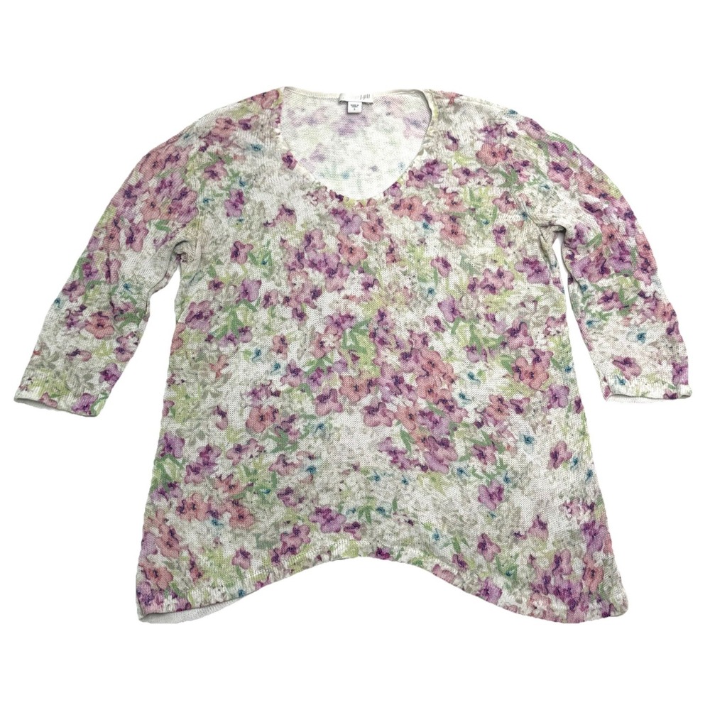 J.Jill Women Linen Blend Floral Print 3/4 Sleeve Top Sz Small Multicolor Sweater